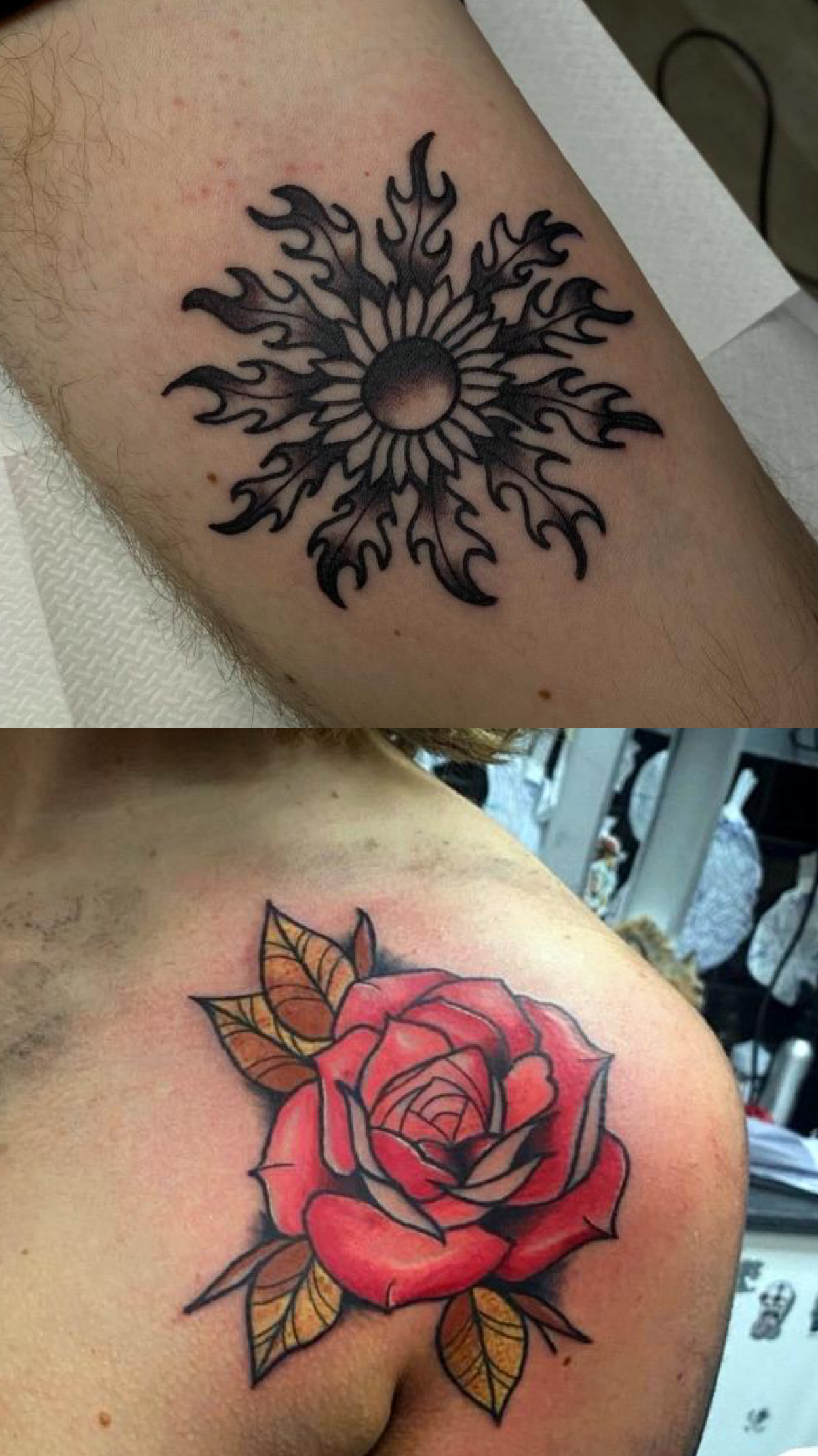 Bilbao tattoos — Basque eguzkilore and rose tattoo