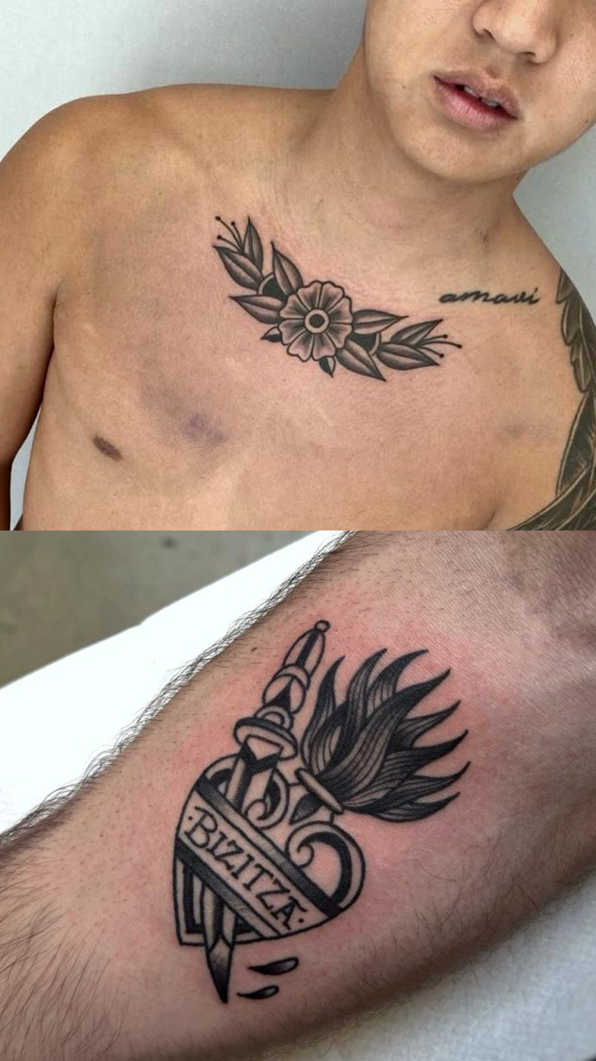 Bilbao tattoos — chest tattoo flowers and heart 'Bizitza'